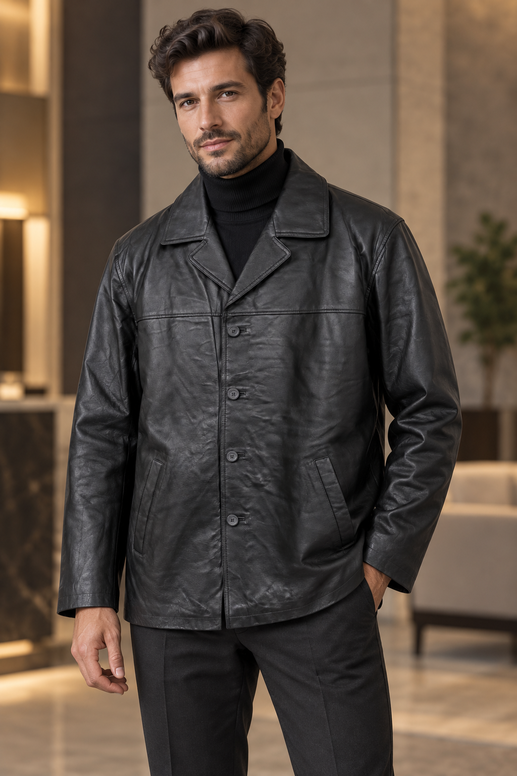 Men’s Black Genuine Leather Four-Button Jacket