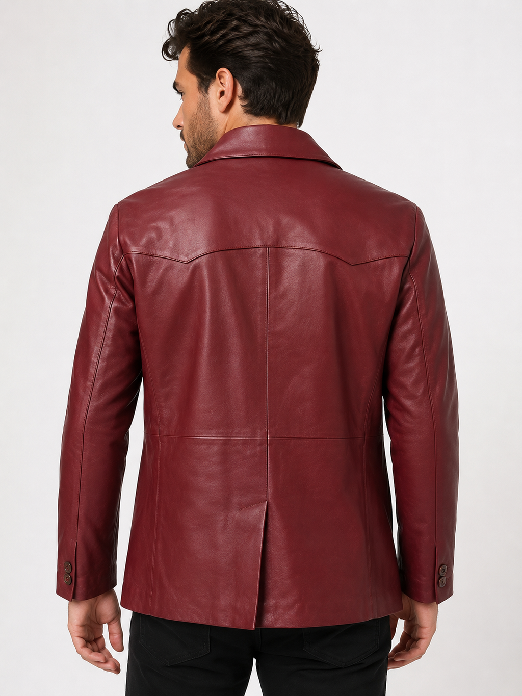 Men’s Genuine Leather Western Sport Coat Blazer – Burgundy Leather Cowboy Jacket, Western Yoke, 2-Button Casual Dress Jacket