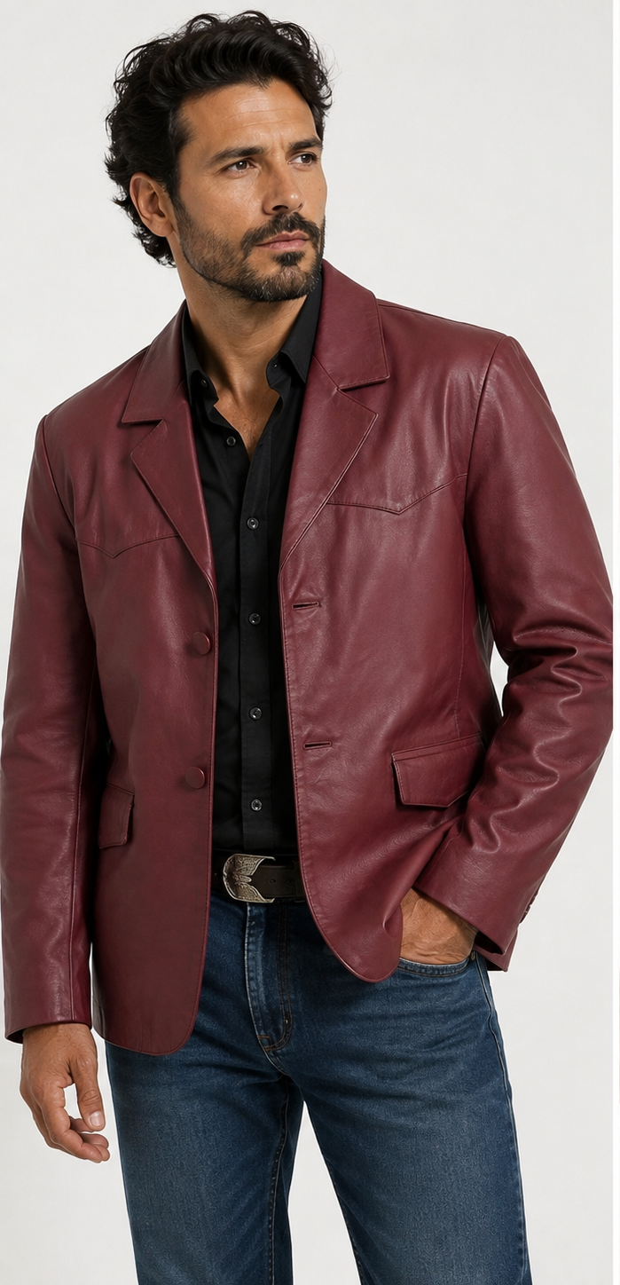 Men’s Genuine Leather Western Sport Coat Blazer – Burgundy Leather Cowboy Jacket, Western Yoke, 2-Button Casual Dress Jacket