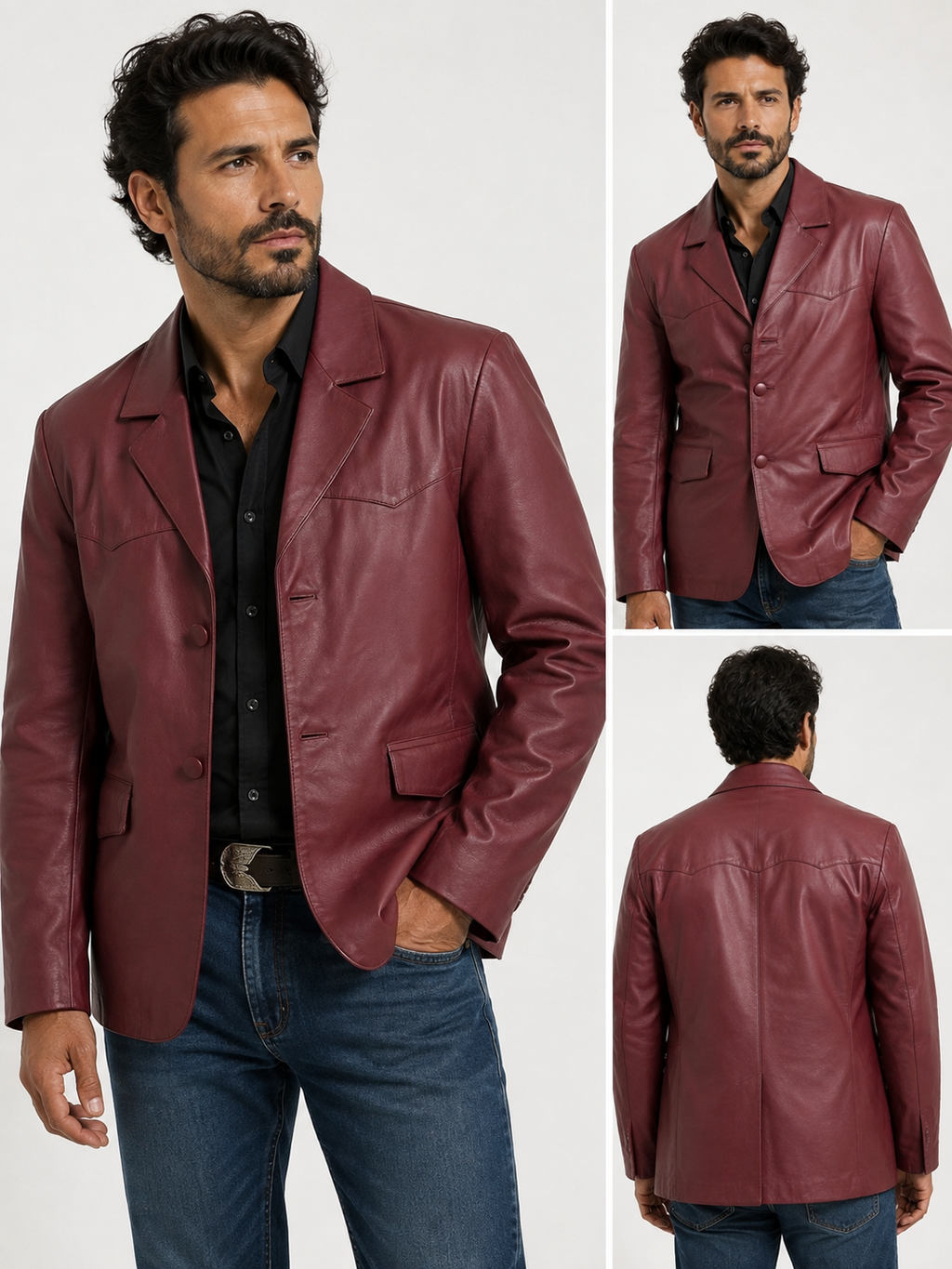 Men’s Genuine Leather Western Sport Coat Blazer – Burgundy Leather Cowboy Jacket, Western Yoke, 2-Button Casual Dress Jacket