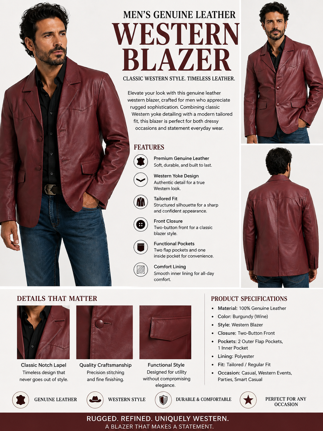 Men’s Genuine Leather Western Sport Coat Blazer – Burgundy Leather Cowboy Jacket, Western Yoke, 2-Button Casual Dress Jacket
