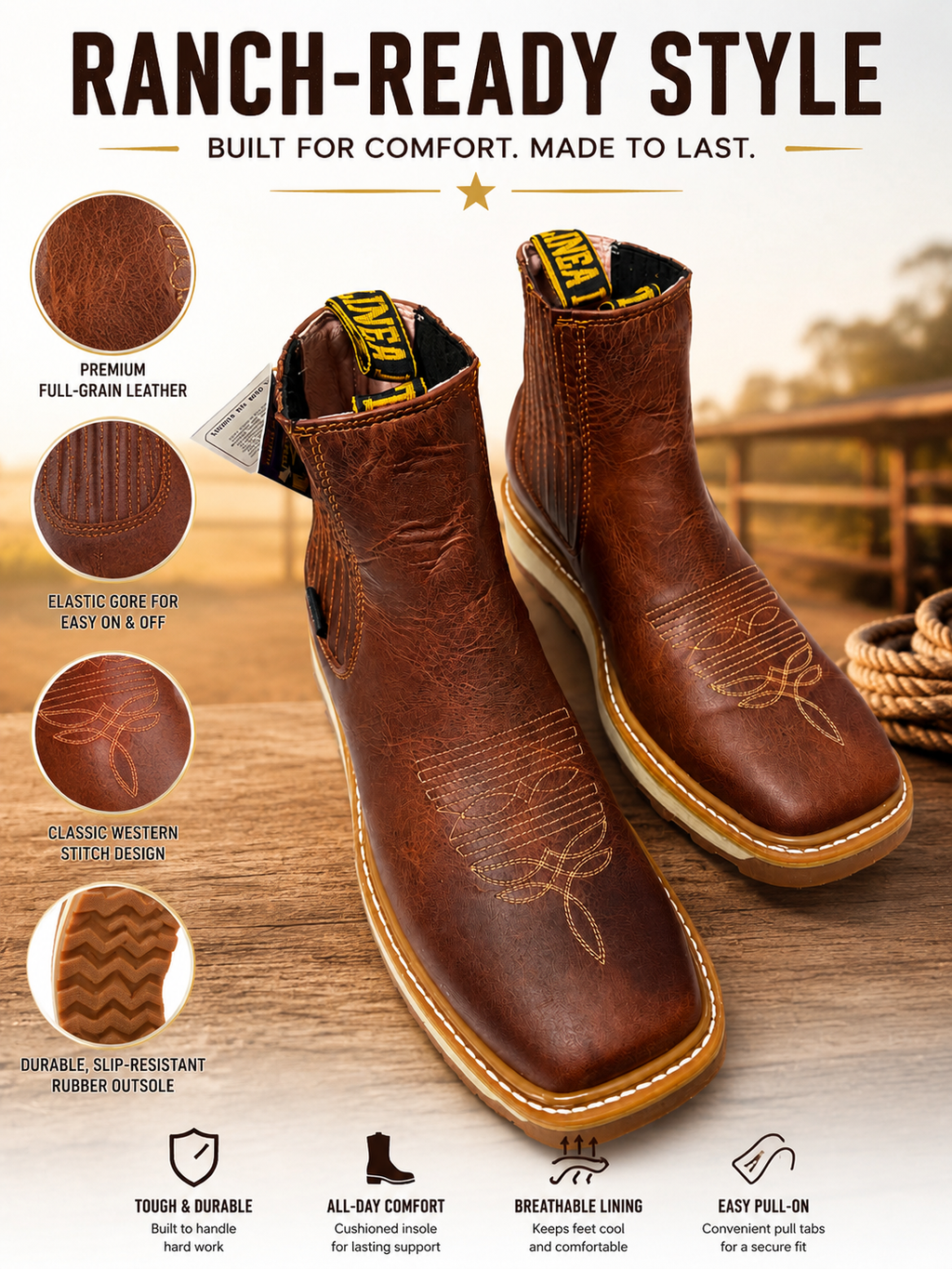 Men’s Genuine Leather Western Chelsea Boots – Brown Pull-On Ranch Boots