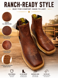 Men’s Genuine Leather Western Chelsea Boots – Brown Pull-On Ranch Boots