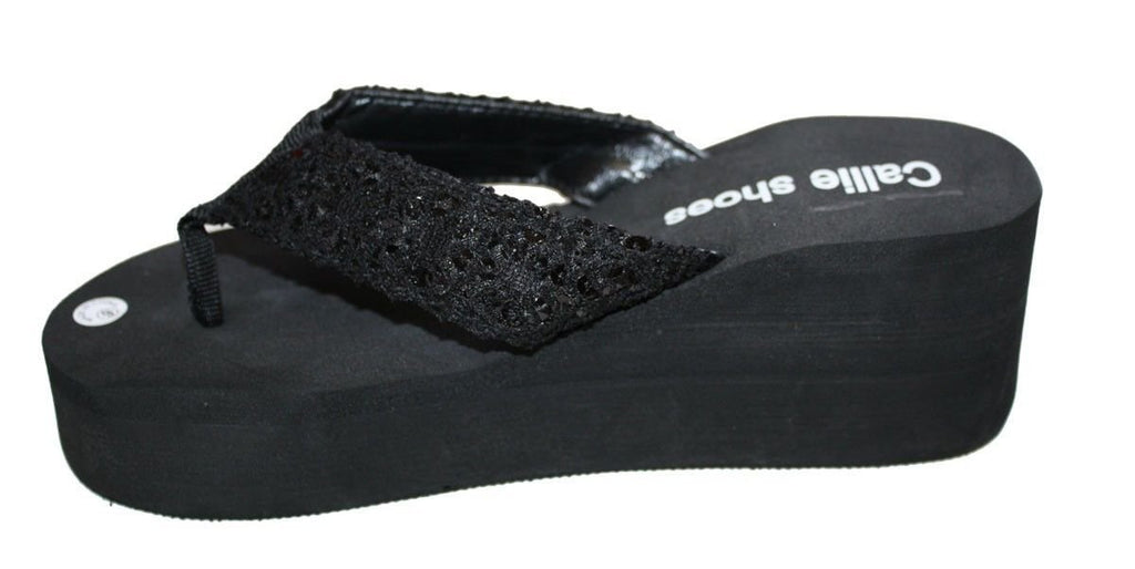 Dona Michi Leather Womens LA BEUATY Sequin Platform Thong Flip Flops Wedge Sandal : Heel 2.6" Apporx