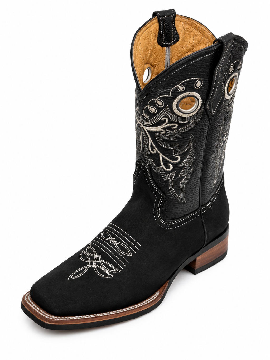 Men’s Genuine Leather Cowboy Rodeo Boots – Black Square Toe Western Boots