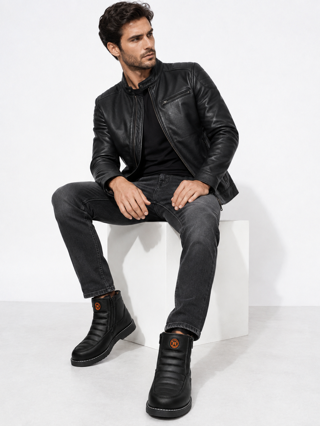 Men’s Genuine Leather Black Ankle Boots – Side Zipper, Contrast Stitching & Cushioned Design