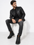 Men’s Genuine Leather Black Ankle Boots – Side Zipper, Contrast Stitching & Cushioned Design