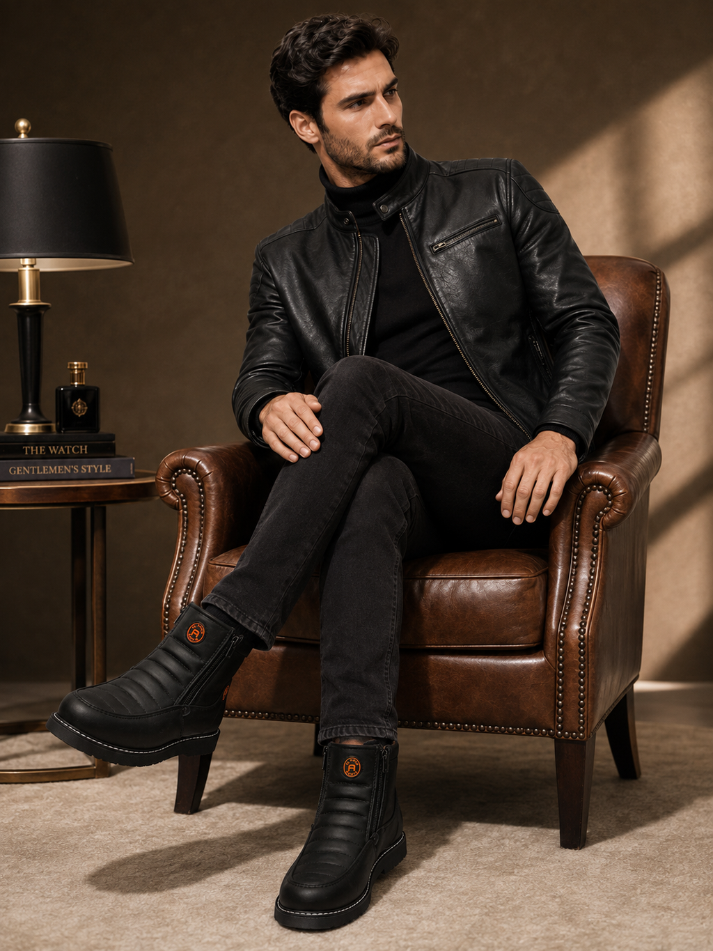 Men’s Genuine Leather Black Ankle Boots – Side Zipper, Contrast Stitching & Cushioned Design
