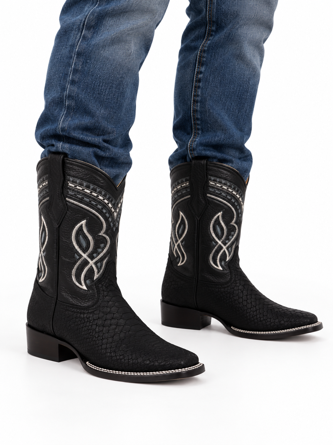 Men’s Genuine Leather Rodeo Cowboy Boots Black Python Print Embroidered