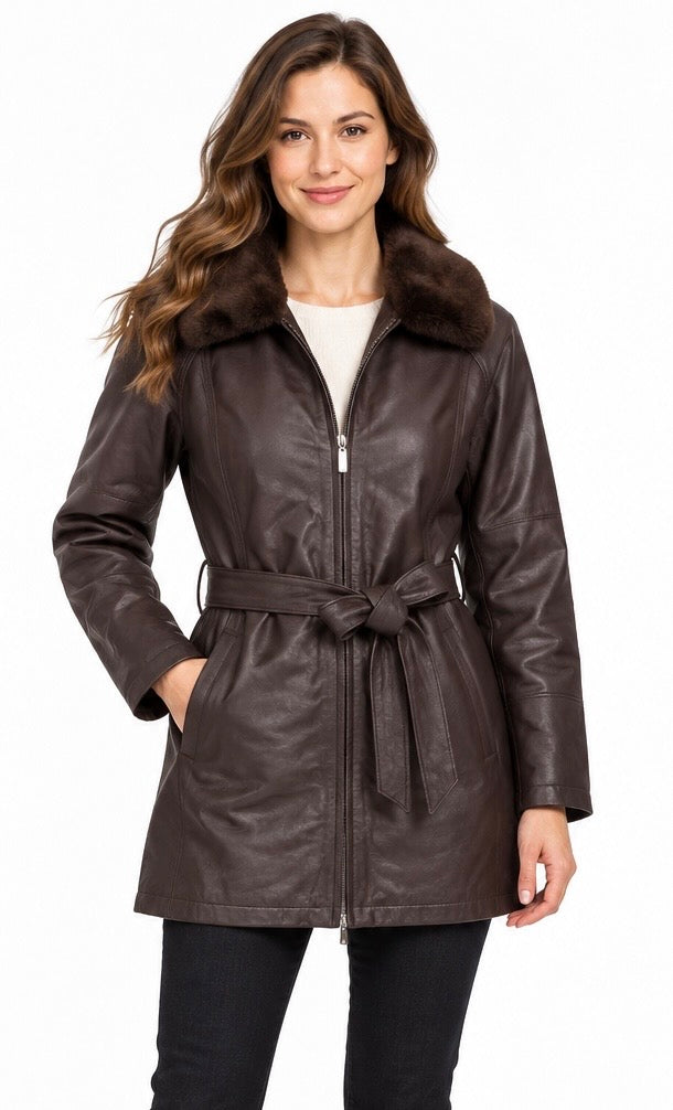 Women’s Genuine Leather Coat with Removable Fur Collar, Zip-Out Lining, Front Zipper, Waist Belt and Side Pockets – Dark Brown