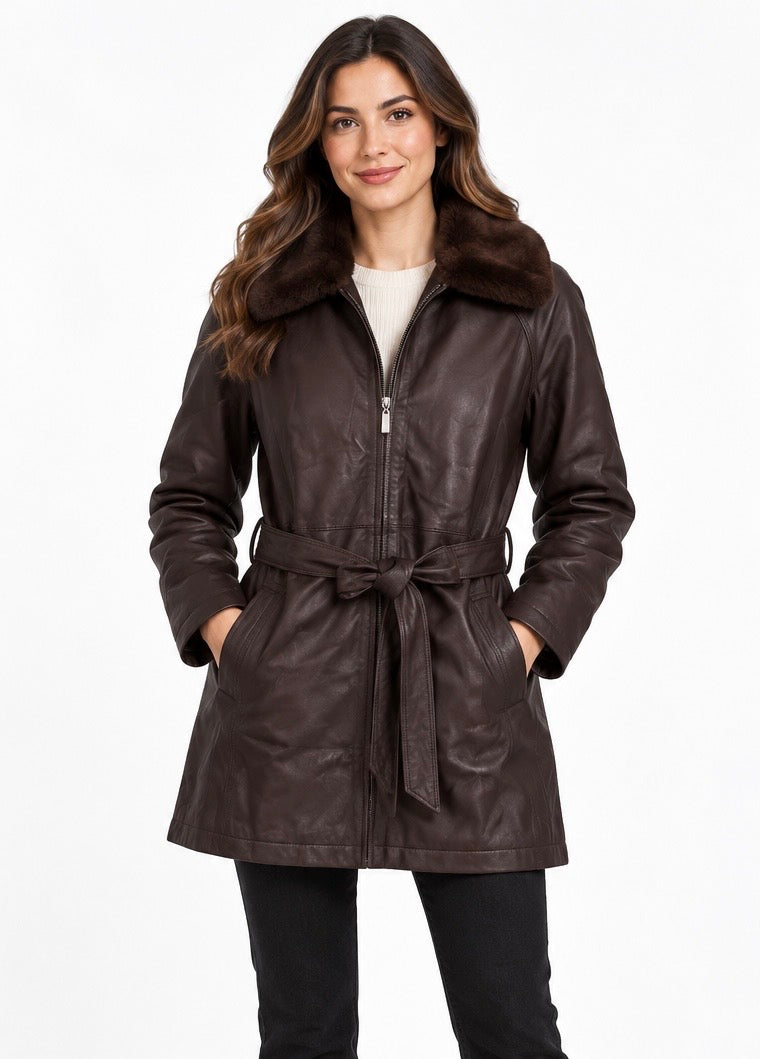 Women’s Genuine Leather Coat with Removable Fur Collar, Zip-Out Lining, Front Zipper, Waist Belt and Side Pockets – Dark Brown