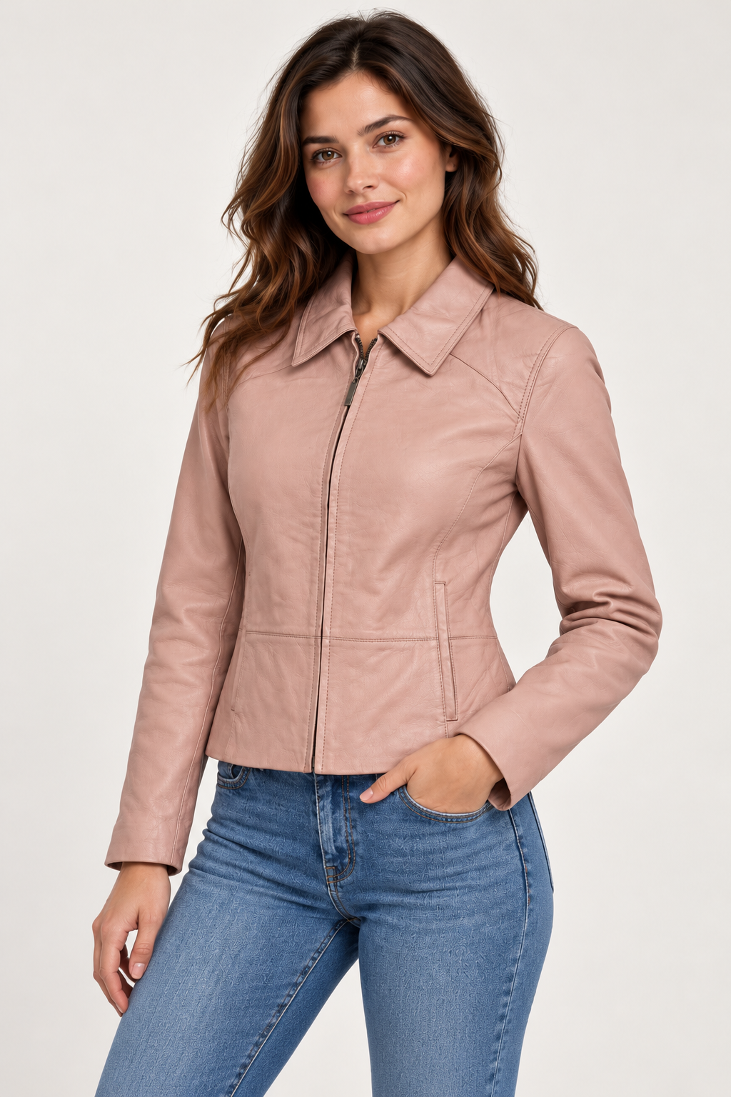 Women’s Genuine Leather Jacket – Pink Zip-Front Fitted Coat with Pointed Collar and Side Pockets
