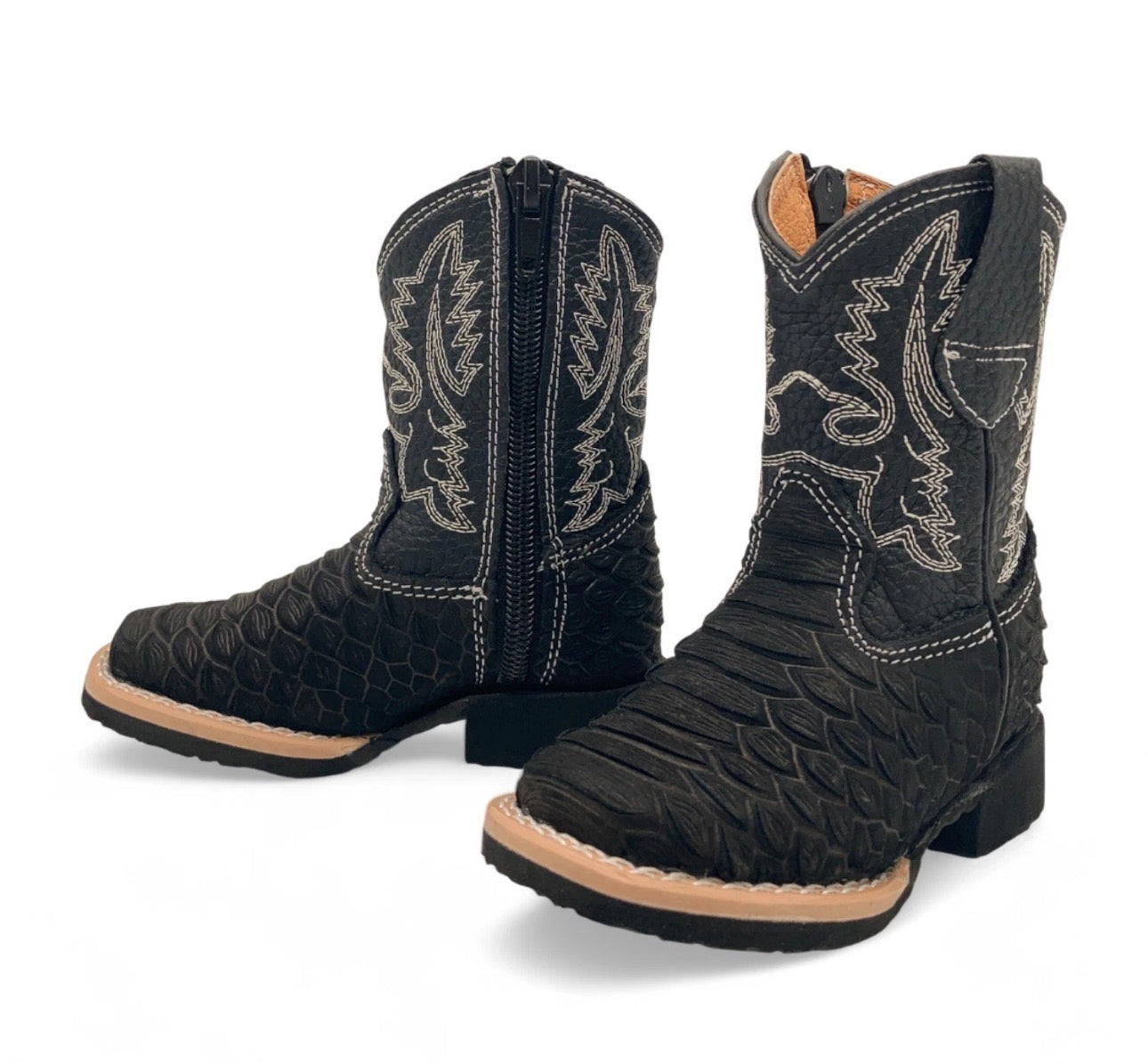 Kids Fish Print Western Cowboy Boots – Side Zipper Square Toe