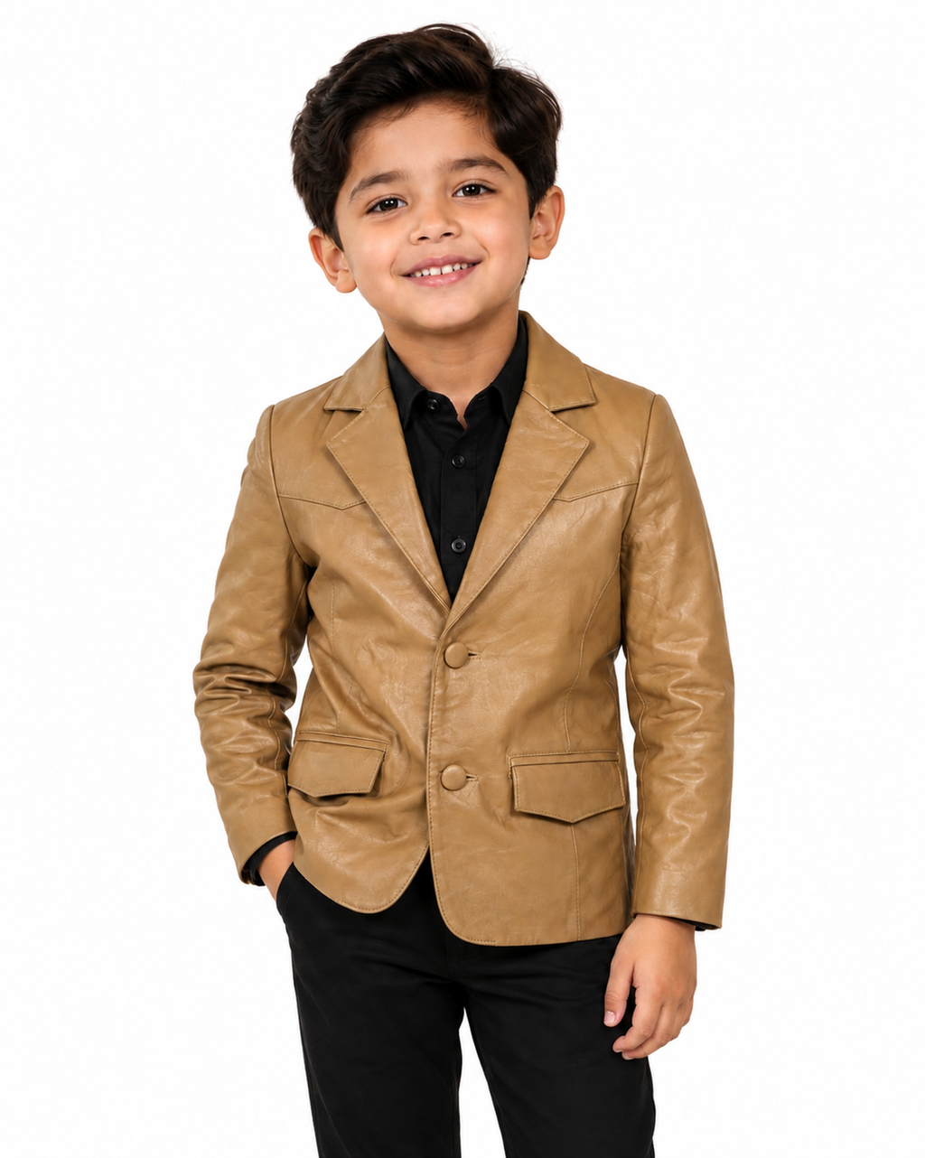 Kids Genuine Lambskin Leather Blazer – Tan/Camel