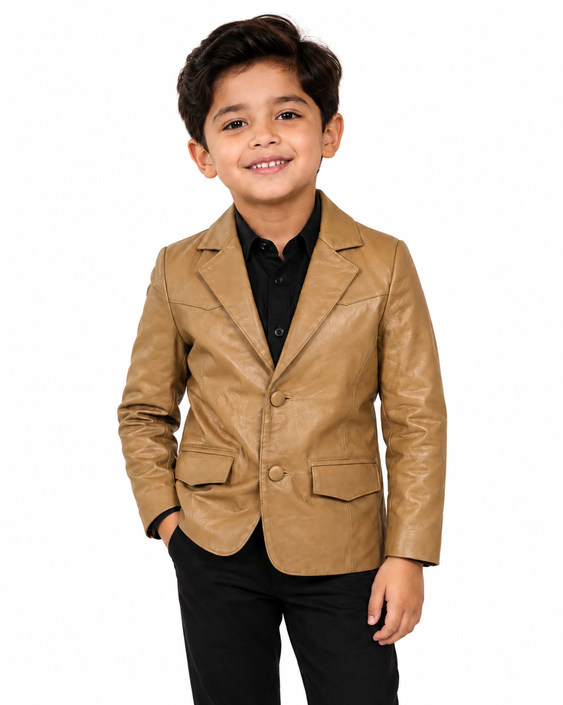 Kids Genuine Lambskin Leather Blazer – Tan/Camel