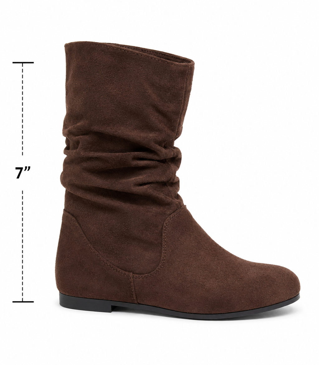 Women’s Brown Faux Suede Slouch Boots – 7-Inch Shaft, Round Toe Flat Boots