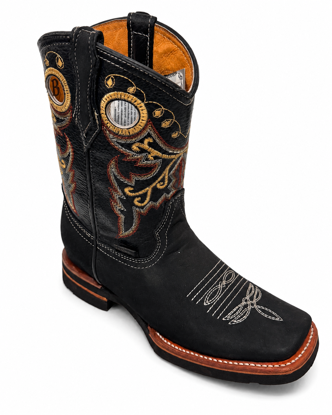 Junior Genuine Leather Western Cowboy Boots – Black Embroidered Square Toe