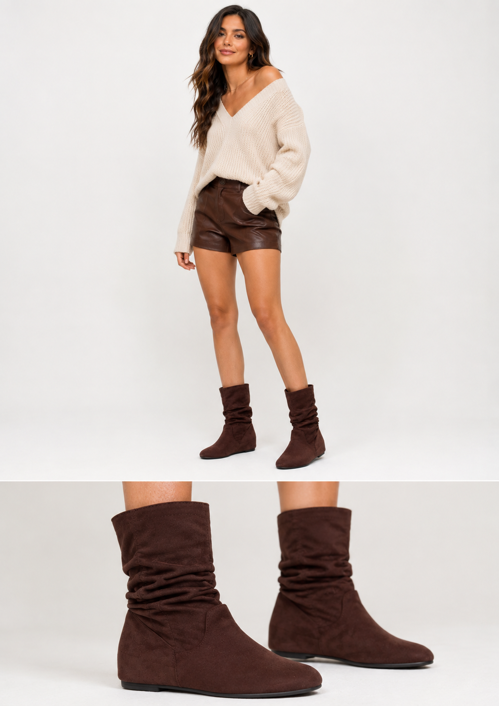 Women’s Brown Faux Suede Slouch Boots – 7-Inch Shaft, Round Toe Flat Boots