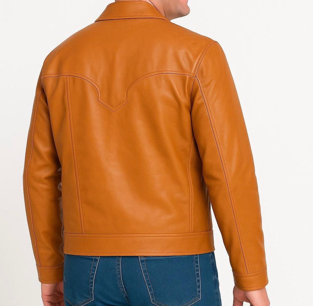 Men’s Genuine Leather Western Jacket – Mango  Button-Front Cowboy Coat