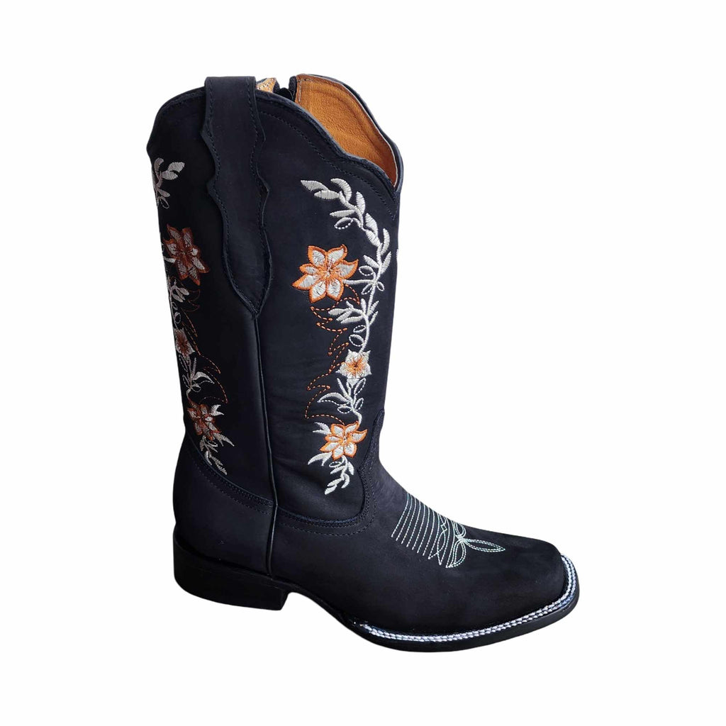 Dona Michi WOMENS COWGIRL Square toe leather Flower embroidered Design with zipper Botas para Mujer con Zierre