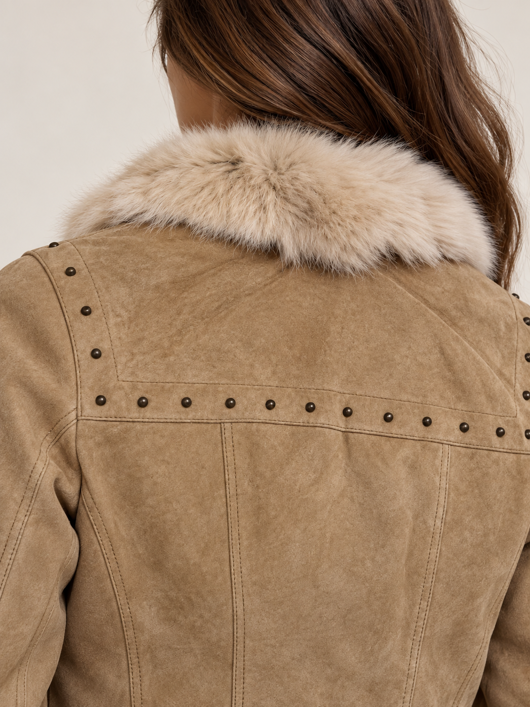 Women’s Genuine Suede Leather Jacket with Real Rabbit Fur Trim – Button Front