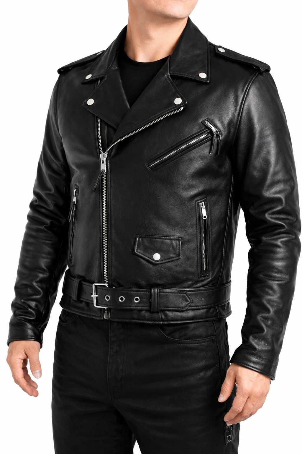 Men's Motorcycle Leather jacket Genuine Buffalo Black Skin Brando