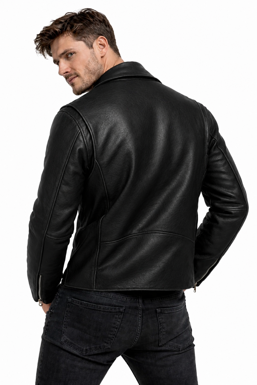 Men's Motorcycle Leather jacket Genuine Buffalo Black Skin Brando