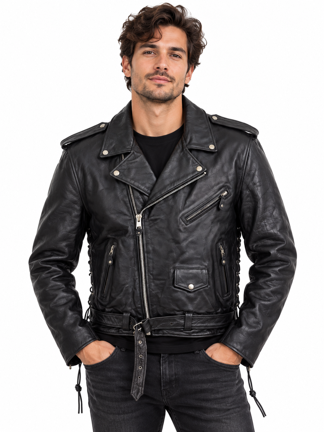Men’s Genuine Leather Classic Biker Jacket with Side Lace-Up Details, Asymmetrical Zipper, Multiple Pockets and Waist Belt