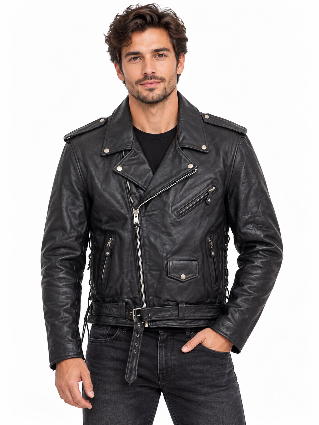 Men’s Genuine Leather Classic Biker Jacket with Side Lace-Up Details, Asymmetrical Zipper, Multiple Pockets and Waist Belt