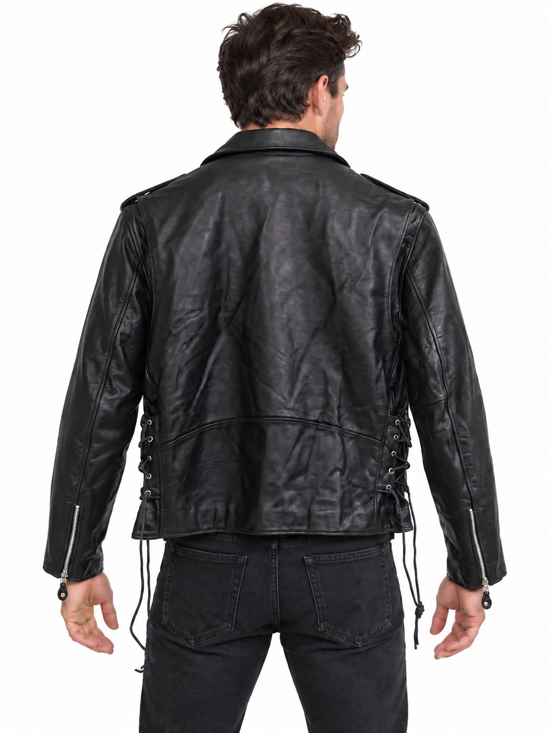 Men’s Genuine Leather Classic Biker Jacket with Side Lace-Up Details, Asymmetrical Zipper, Multiple Pockets and Waist Belt