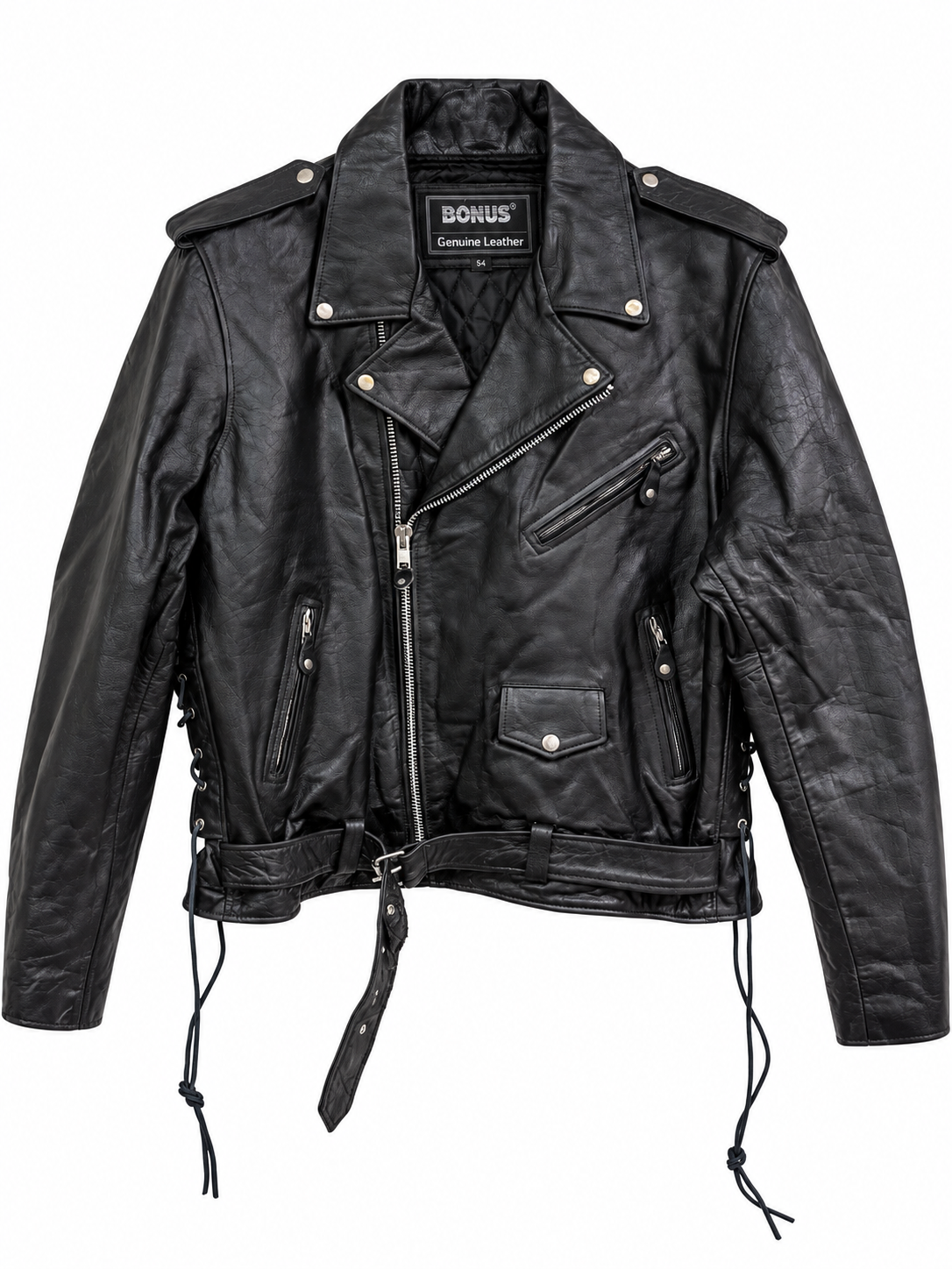 Men’s Genuine Leather Classic Biker Jacket with Side Lace-Up Details, Asymmetrical Zipper, Multiple Pockets and Waist Belt