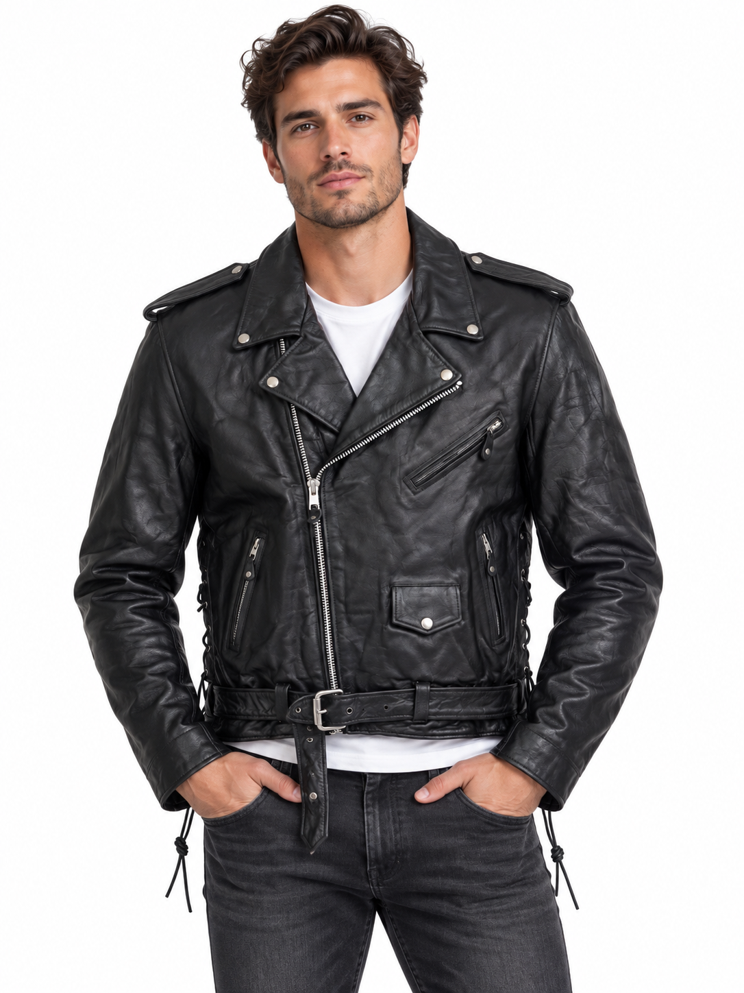 Men’s Genuine Leather Classic Biker Jacket with Side Lace-Up Details, Asymmetrical Zipper, Multiple Pockets and Waist Belt