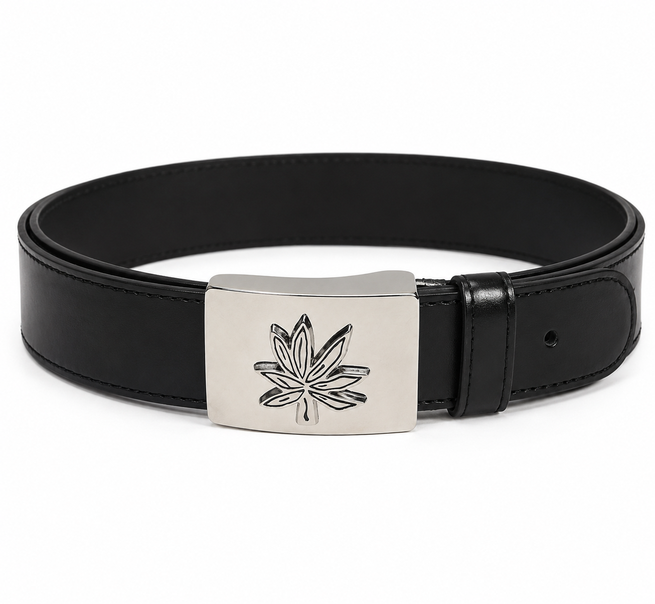 Men’s Leather Belt – Silver-Tone Leaf Design Buckle