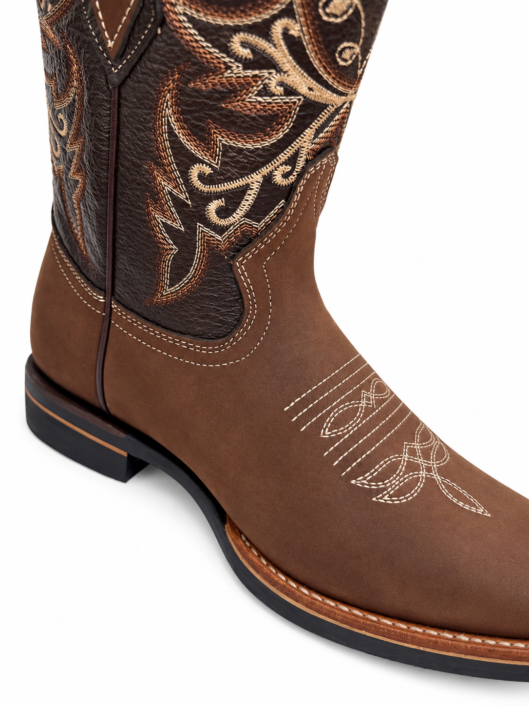 Junior Genuine Leather Western Cowboy Boots – Brown Embroidered Square Toe