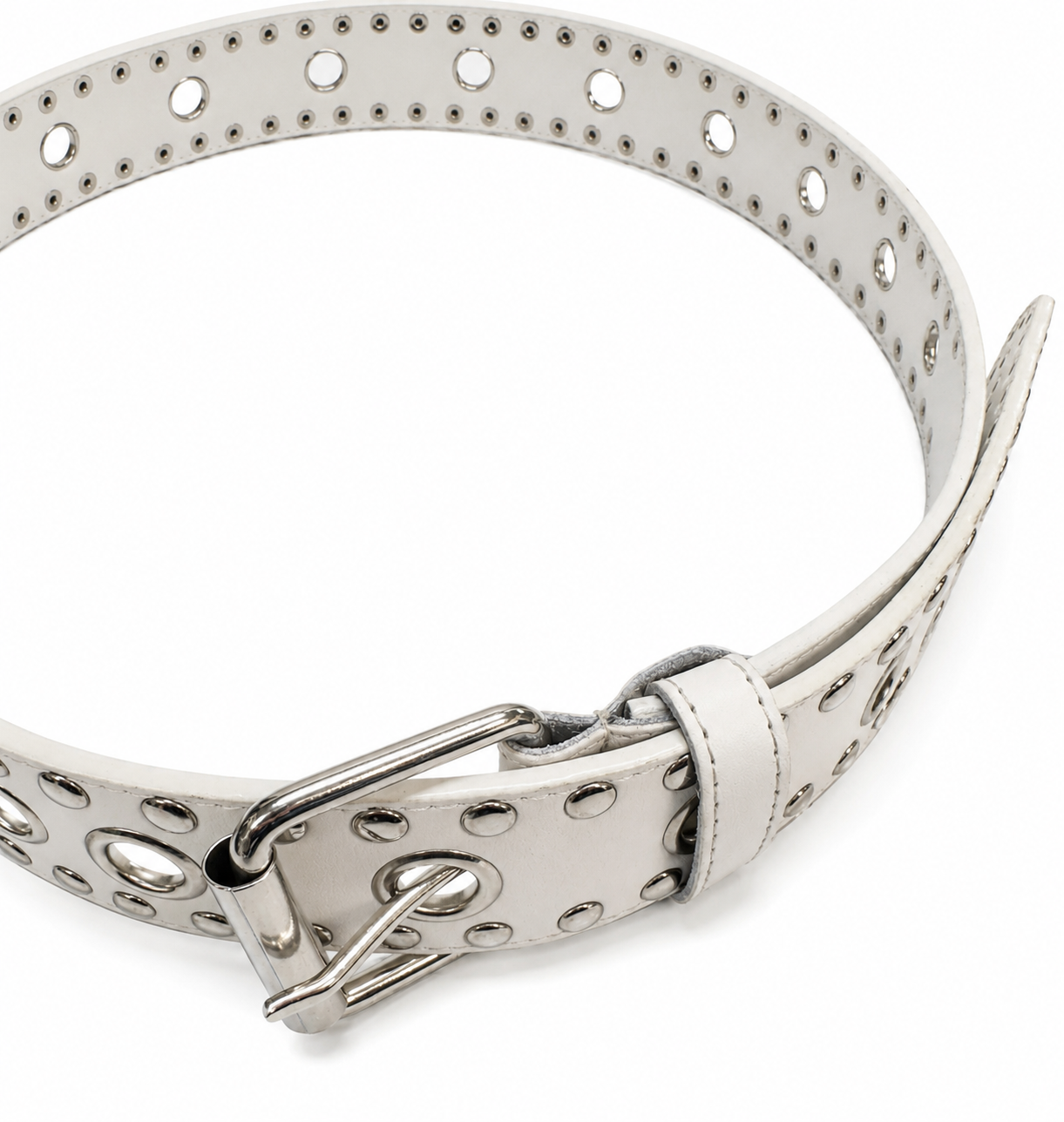 Women’s White Faux Leather Grommet Belt – Silver Studded Punk Western Fashion Belt