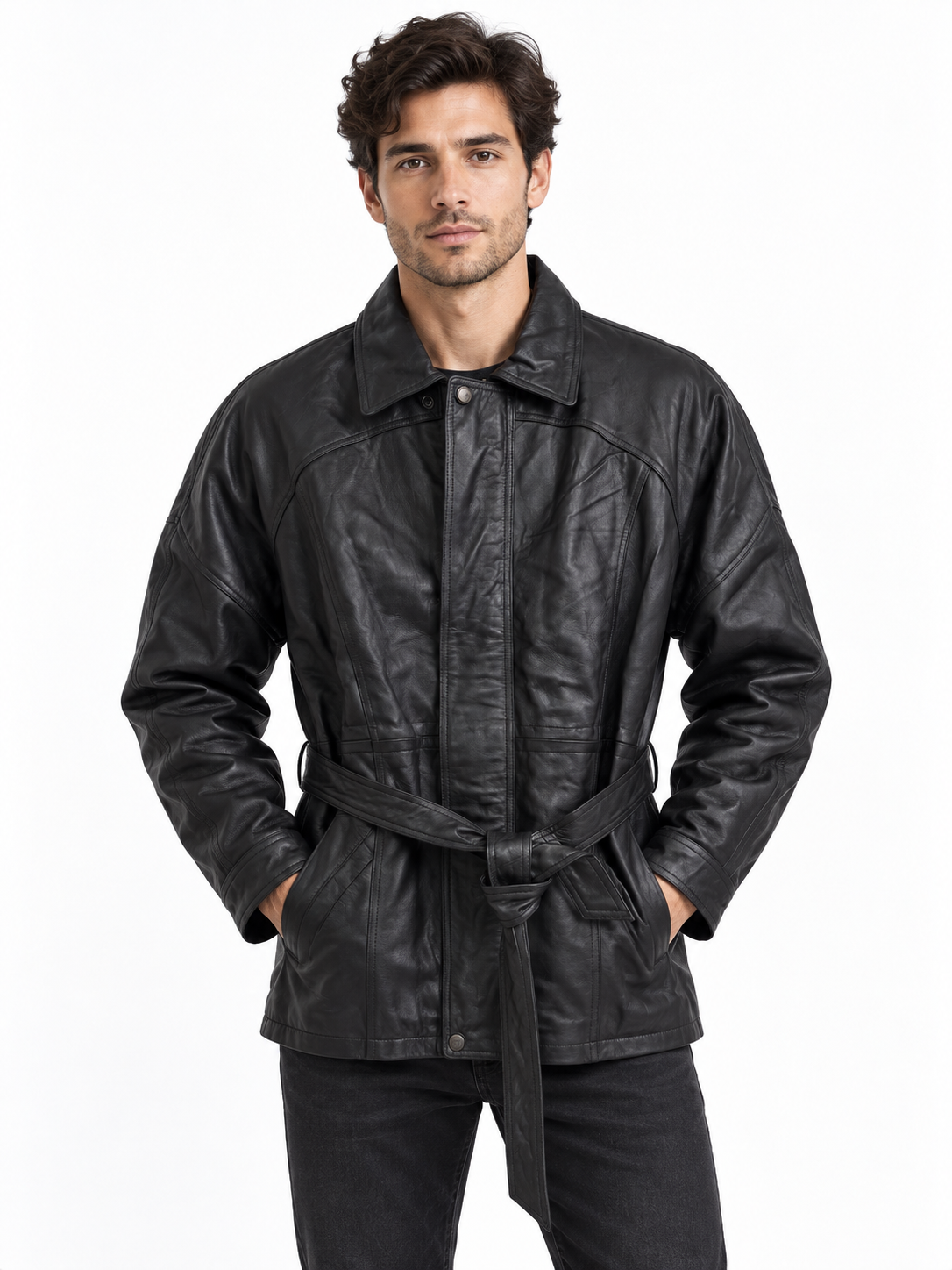Title: Men’s Genuine Black Leather Belted 3/4-Length Jacket Trench Coat
