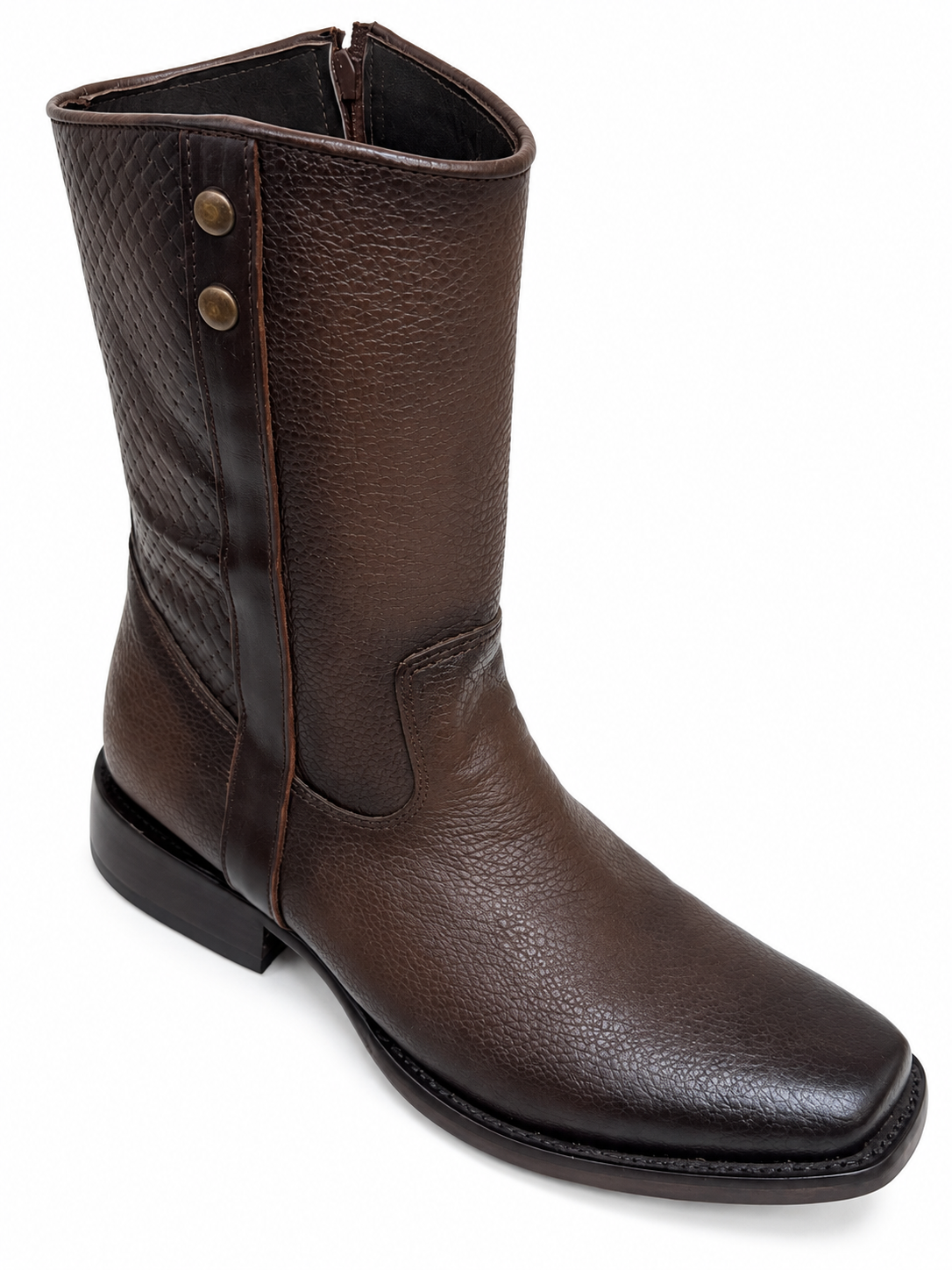 Men’s Genuine Leather Brown Cowboy Boots Square Toe Western Side Zip Boots