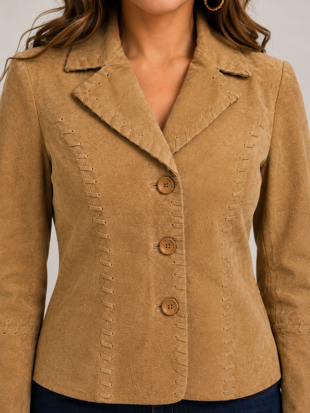 Women’s Genuine Tan Suede Leather Jacket – Button