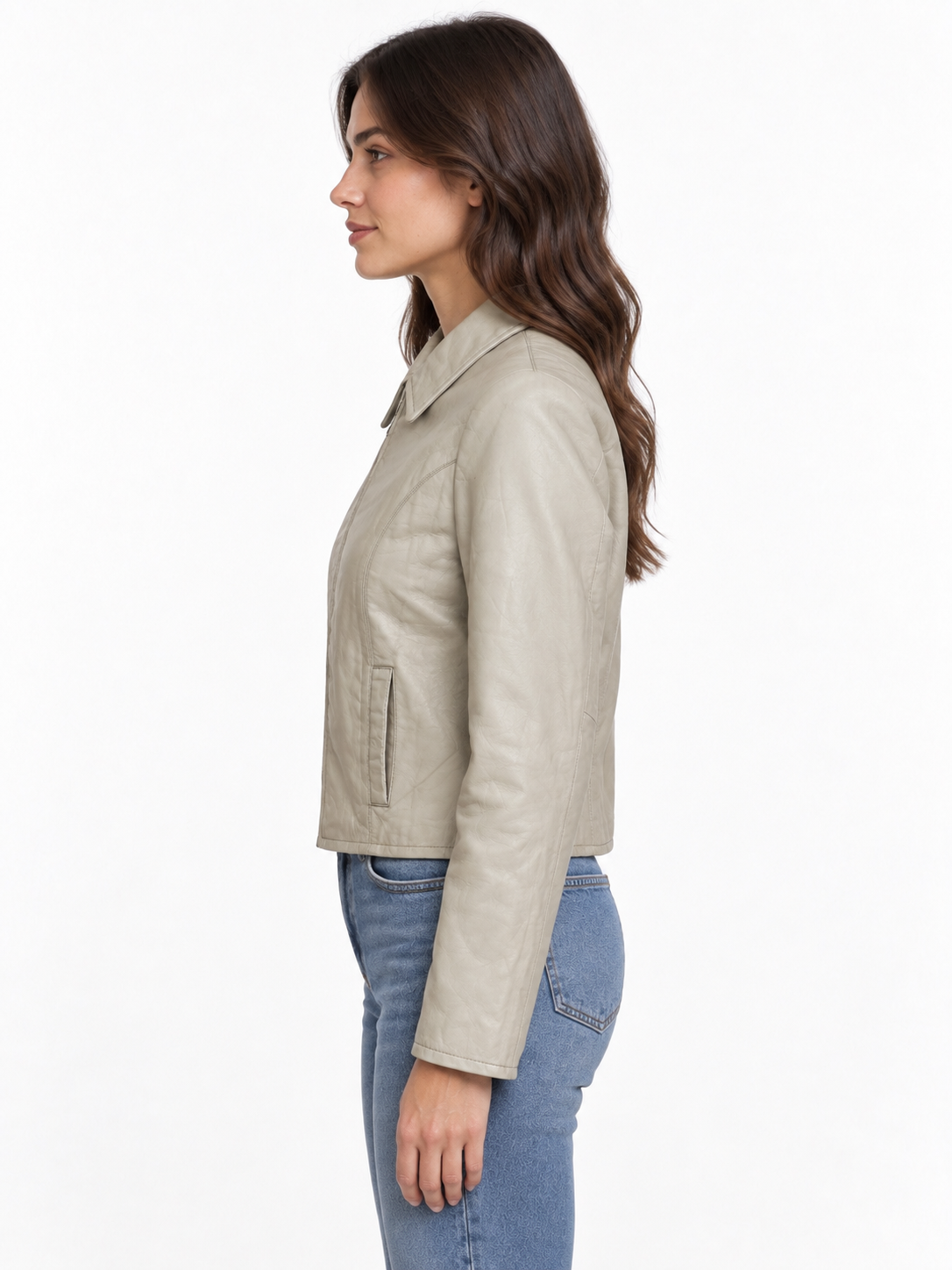 Women’s Genuine Lambskin Leather Zip Jacket – Beige