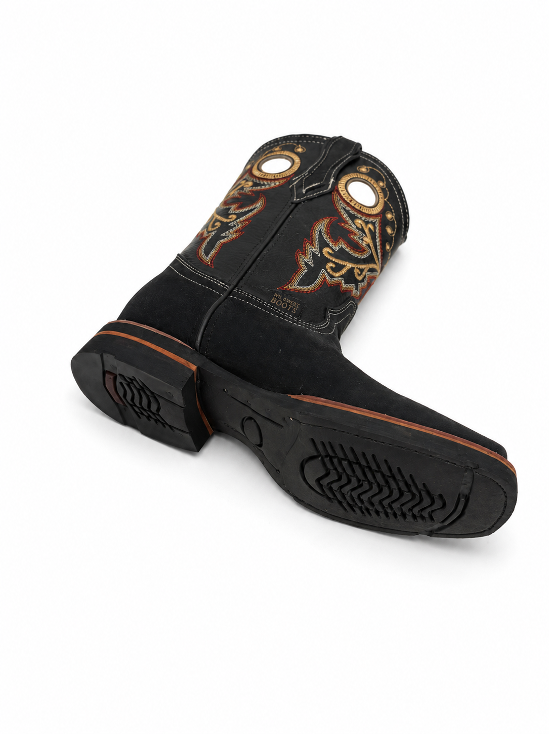 Junior Genuine Leather Western Cowboy Boots – Black Embroidered Square Toe