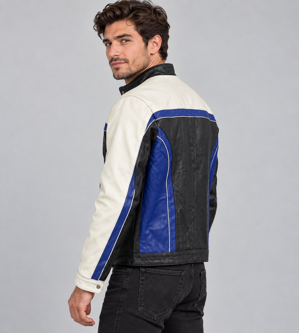 Men’s Genuine Leather Racing Jacket, Black, Blue & Ivory Colorblock Motorcycle Style, Full-Zip Stand Collar