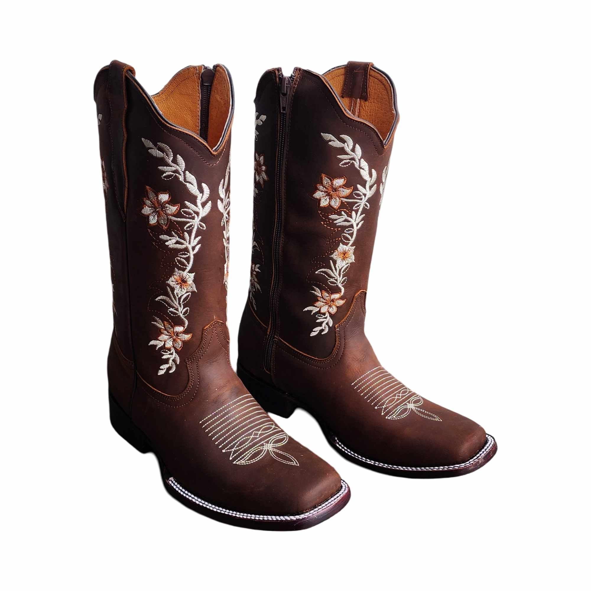 Dona Michi WOMENS COWGIRL Square toe leather Flower embroidered Design with zipper Botas para Mujer con Zierre