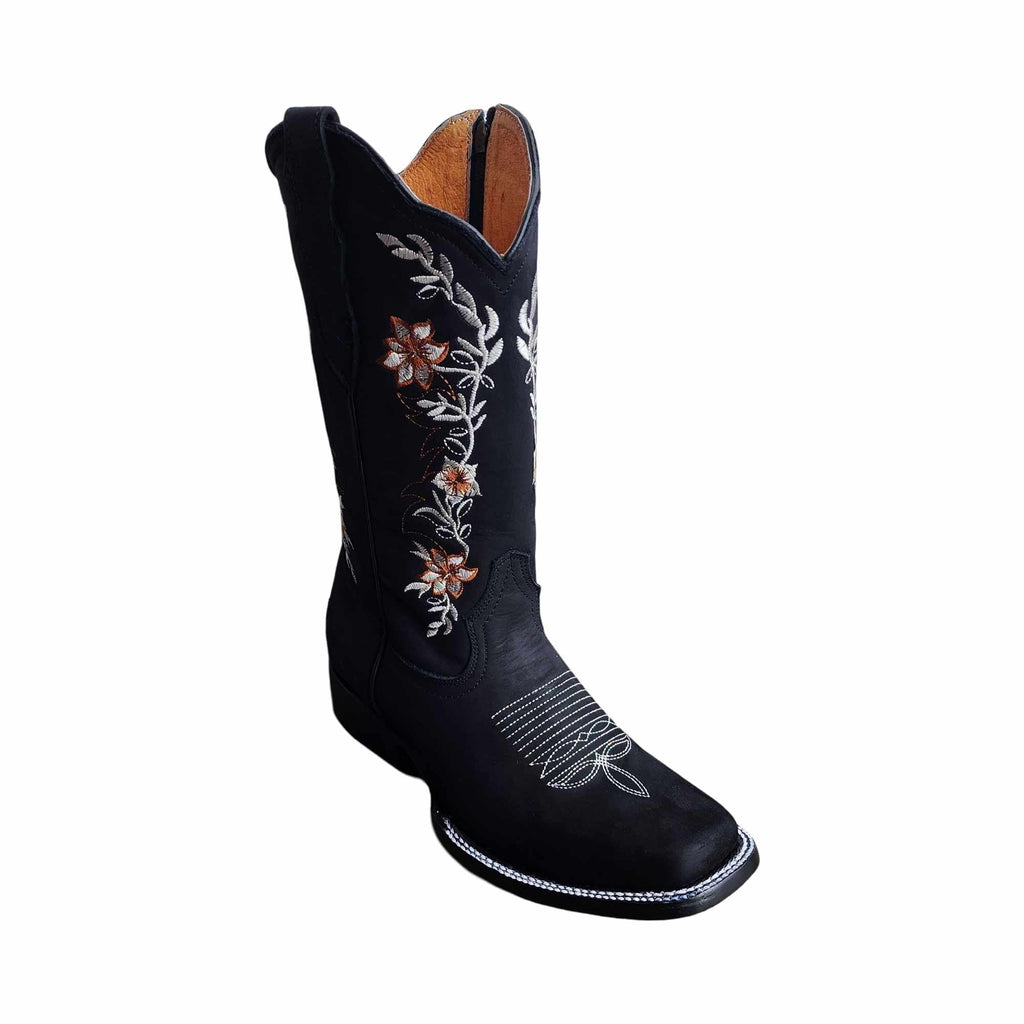 Dona Michi WOMENS COWGIRL Square toe leather Flower embroidered Design with zipper Botas para Mujer con Zierre