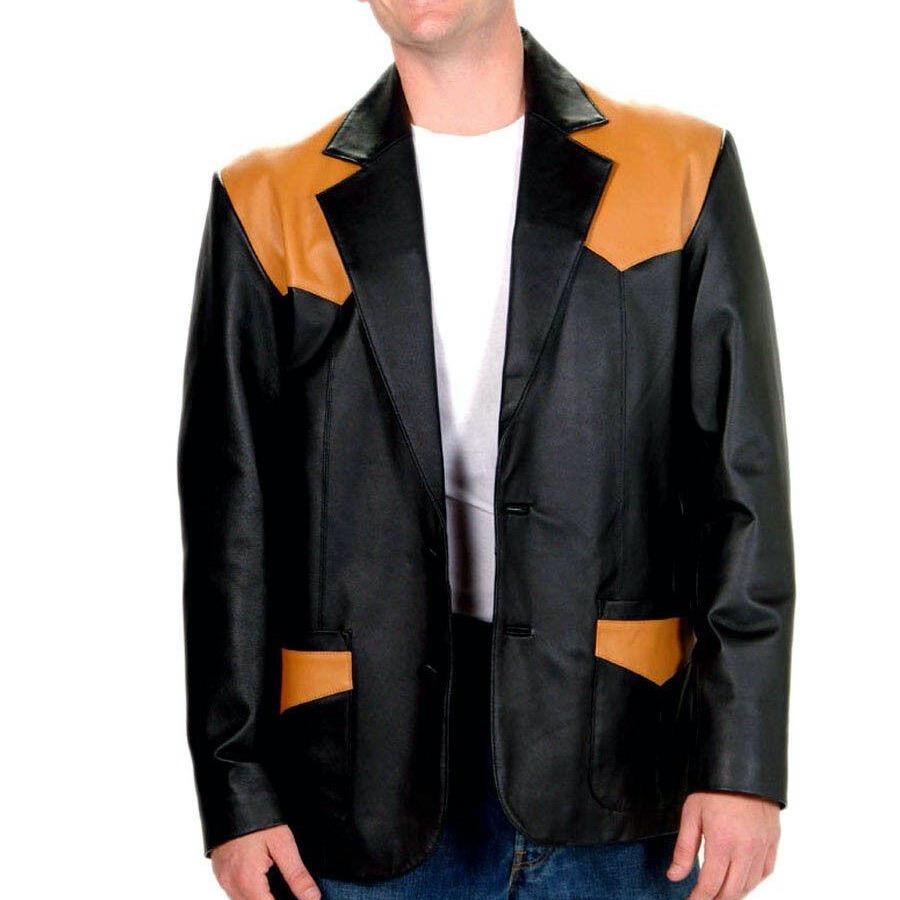Men’s Genuine Leather Western Sport Coat Blazer – Black/Mango Leather Cowboy Jacket, Western Yoke, 2-Button Casual Dress Jacket