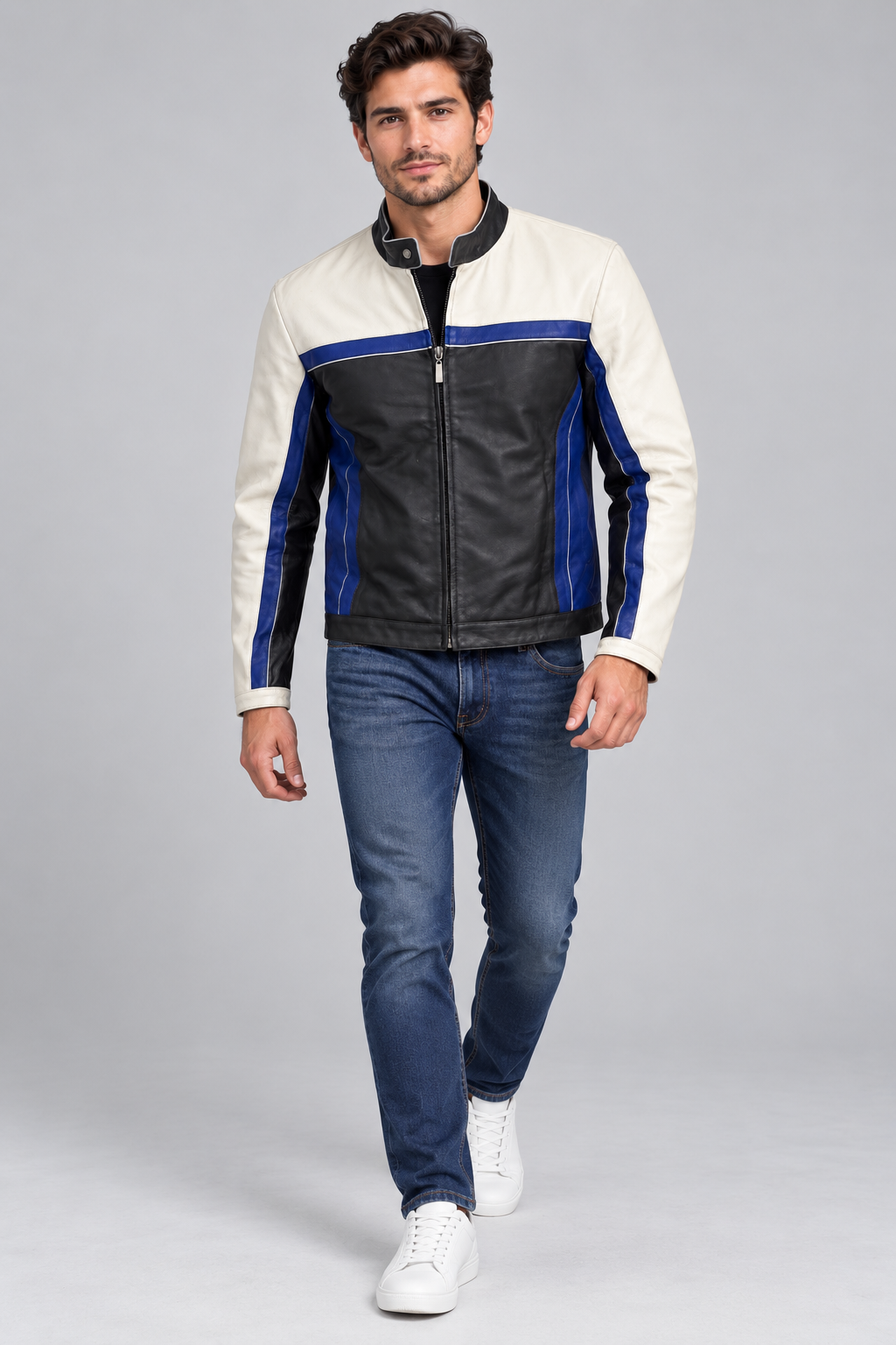 Men’s Genuine Leather Racing Jacket, Black, Blue & Ivory Colorblock Motorcycle Style, Full-Zip Stand Collar