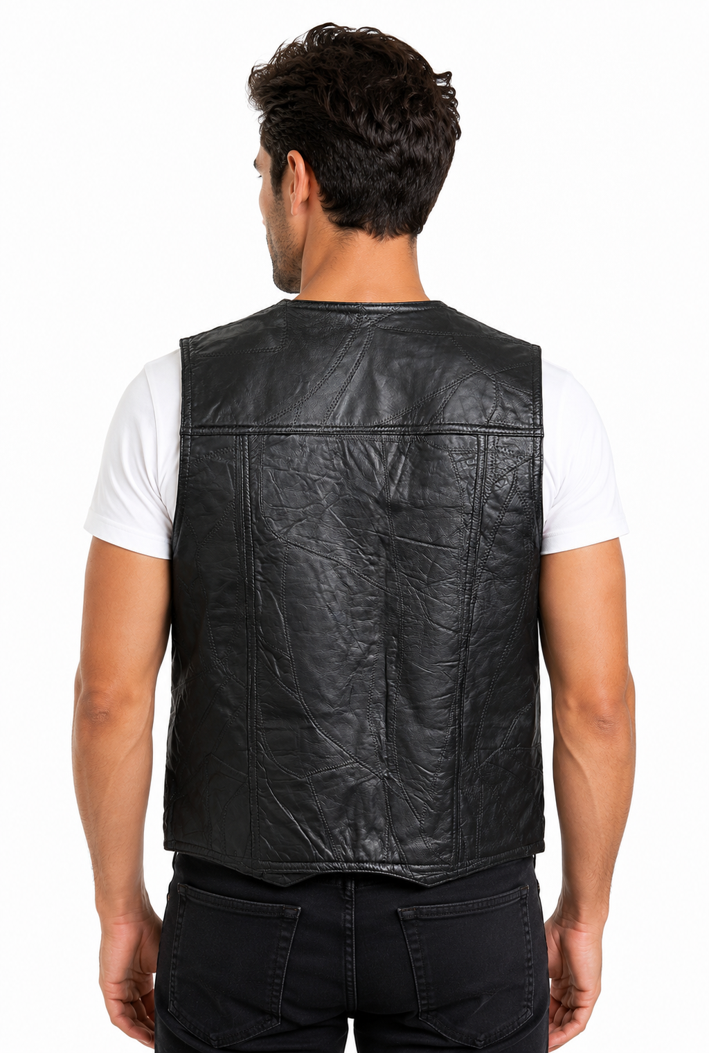Men’s Genuine Leather Patchwork Vest – Black Snap-Front Western Biker Waistcoat with Pockets