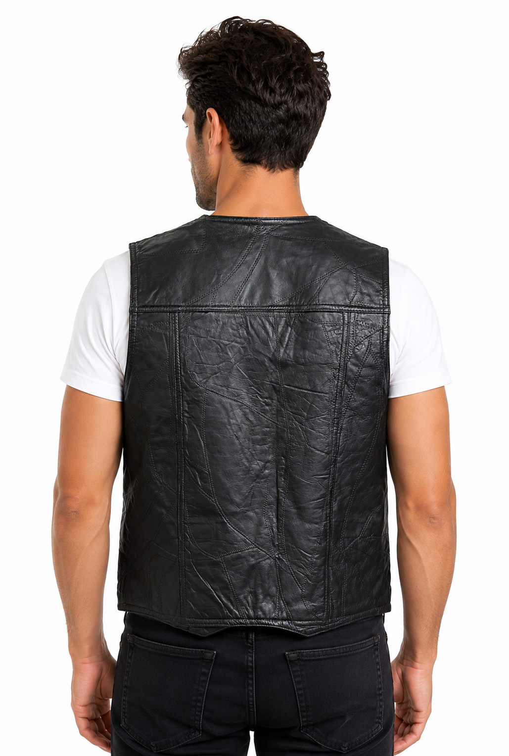 Men’s Genuine Leather Patchwork Vest – Black Snap-Front Western Biker Waistcoat with Pockets