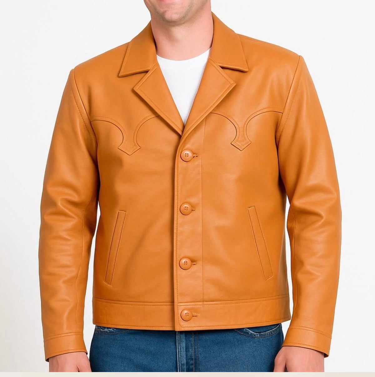 Men’s Genuine Leather Western Jacket – Mango  Button-Front Cowboy Coat