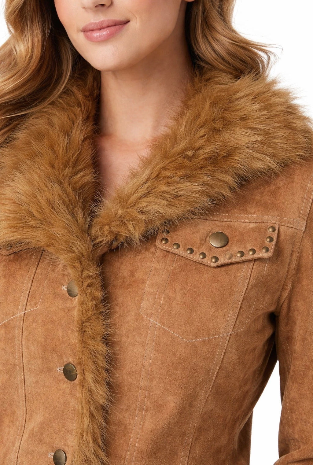 Women’s Genuine Suede Leather Jacket with Faux Fur Trim – Western Studded Cropped Jacket