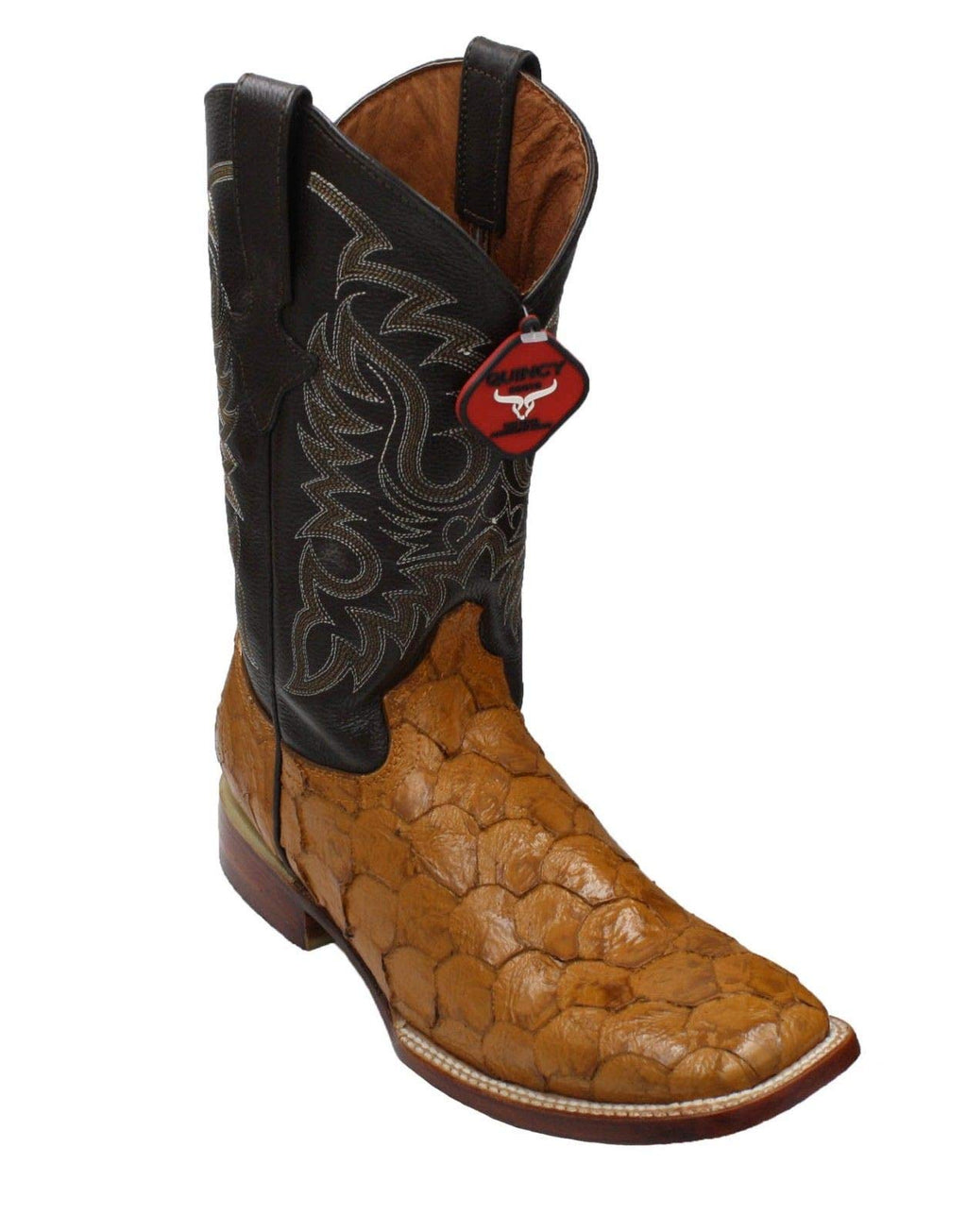 Dona Michi Men's Quincy Pirarucu Fish Print Boots Square Toe Handcrafted Boots Tan